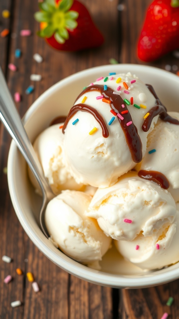A bowl of vanilla ice cream with sprinkles and chocolate syrup on a wooden table.